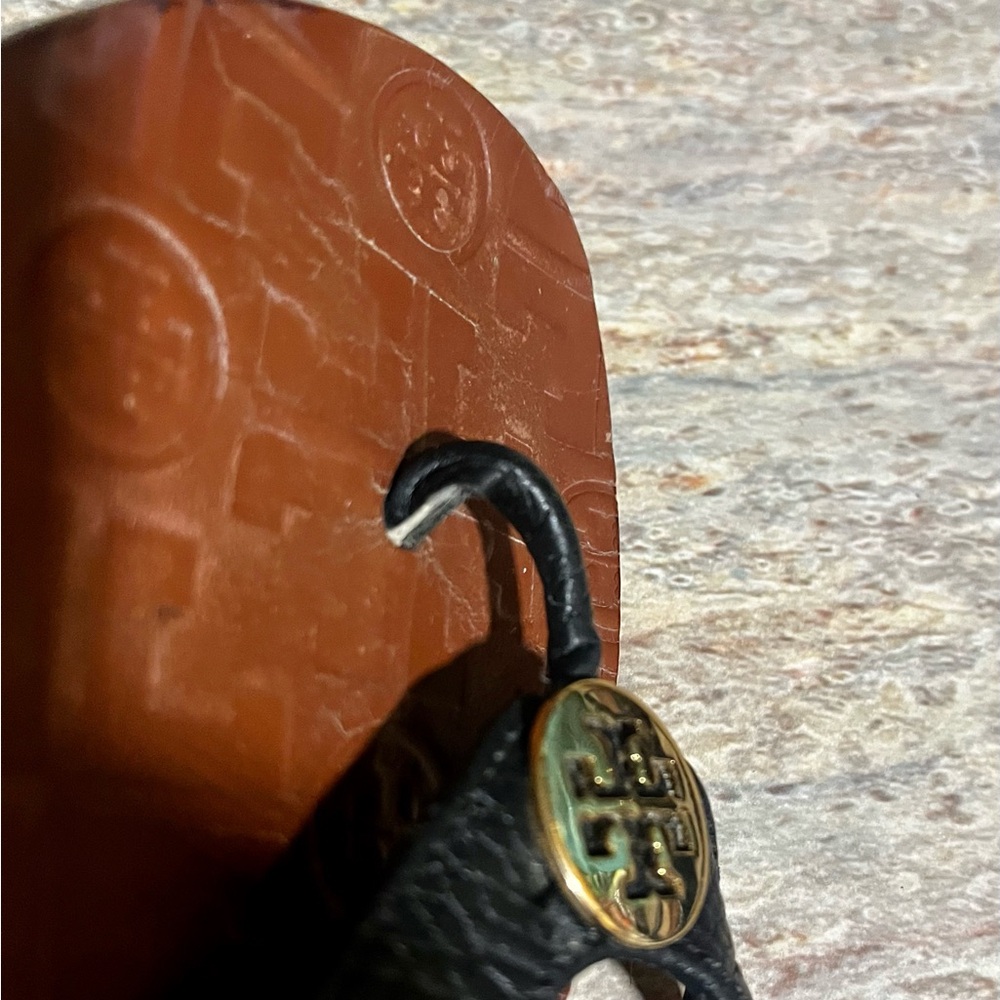 Tory Burch Black Leather Thong Sandals with Gold Accent - Picture 7 of 16